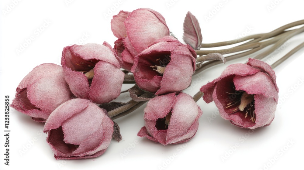 Poster Bouquet of artificial pink flowers arranged in a cluster on a white background with Copy Space for text insertion