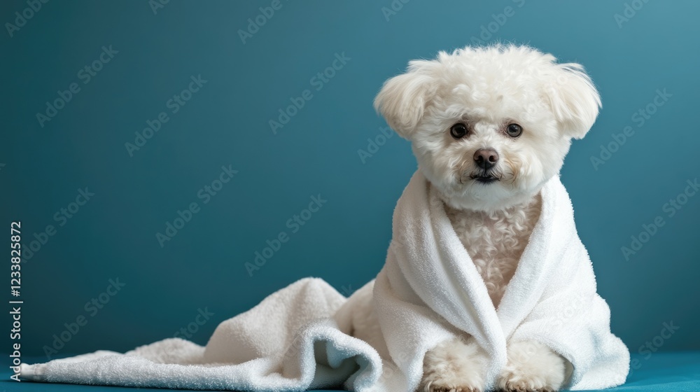 Poster Cute white dog wrapped in a soft towel on a blue background with Copy Space for text placement.