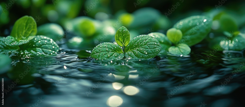 Poster close-up of fresh mint leaves on water surface with droplets and bokeh background copy space