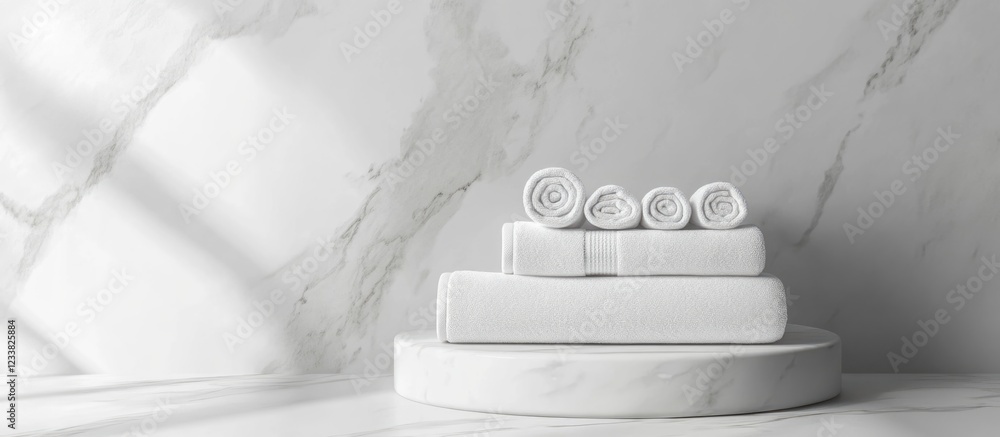 Poster white towels stacked on a marble surface with soft shadows and copy space for text.