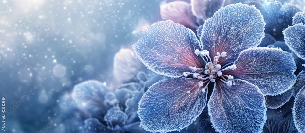 Poster frosted delicate flowers in winter landscape with ample empty space for customized text and design e