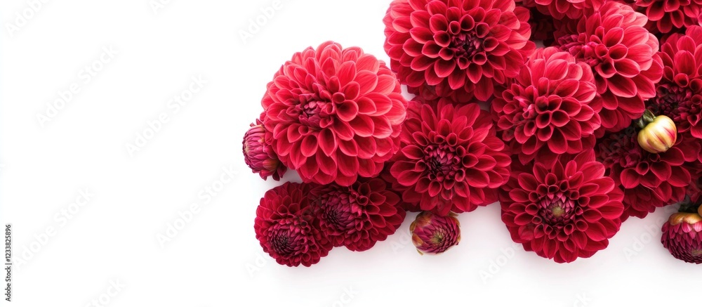 Poster Red dahlias arranged on a white background with copy space for text or graphics