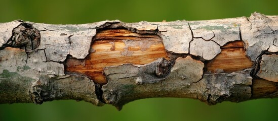 Close-up of a tree branch with peeling bark revealing inner wood texture.