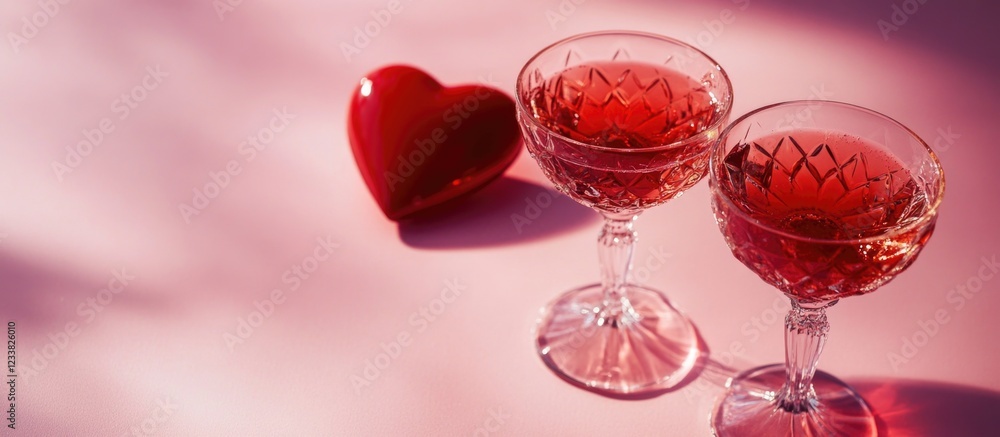 Poster two elegant glasses of pink beverage beside a red heart on a soft pink background with copy space.