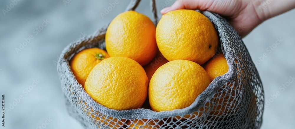 Poster Basket filled with fresh oranges held by a hand with textured background Copy Space