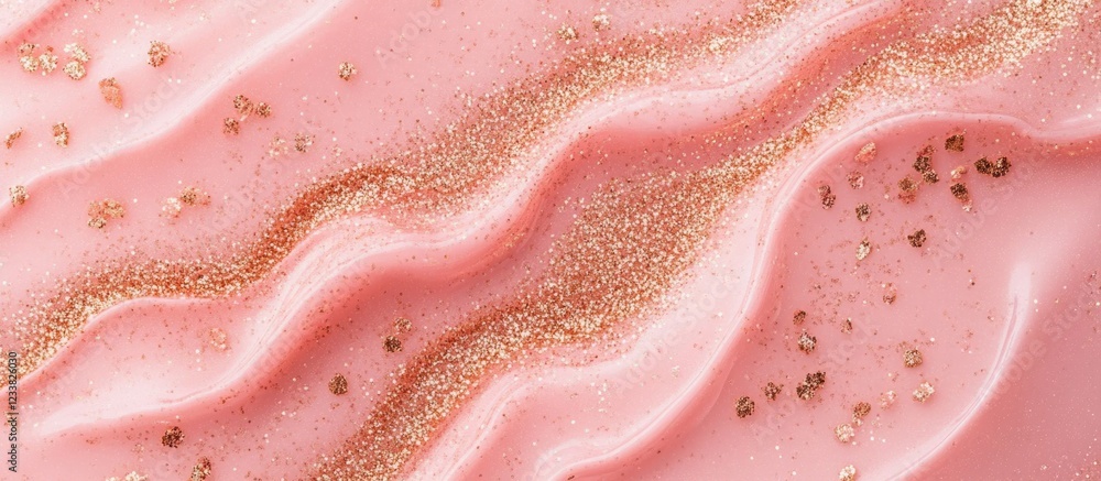 Poster pink creamy texture with shimmering glitter particles and waves, providing copy space for text place