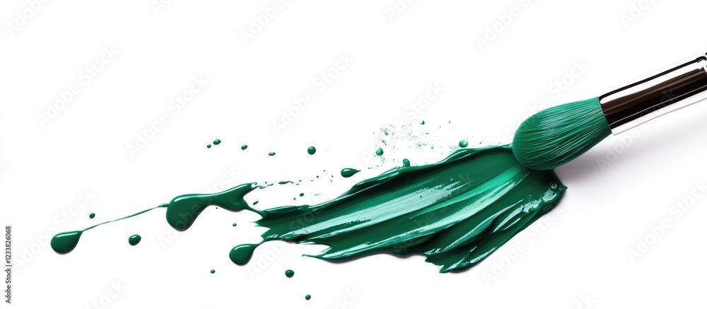 Poster brush with teal paint creating a splash effect on white background with copy space for text.