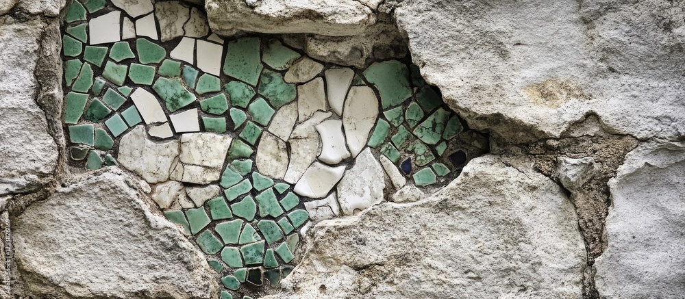 Poster fragmented mosaic embedded in rough stone wall with green and white tiles showcasing texture and his