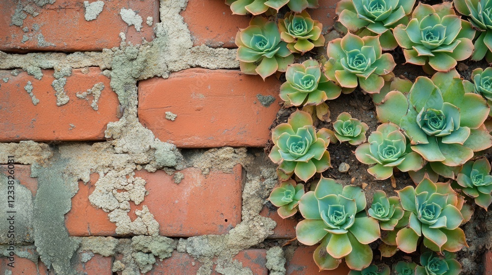 Poster succulents flourishing on soil-less brick wall in arid setting with generous space for text and desi