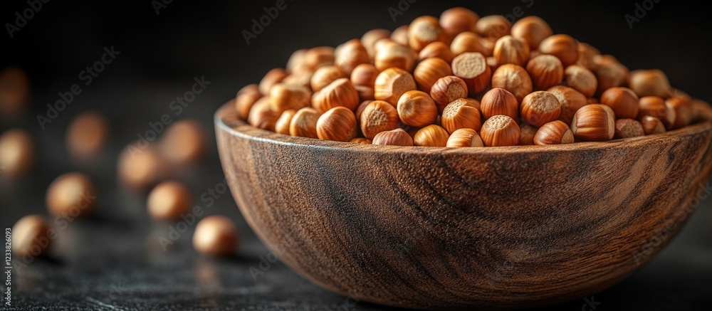 Poster Wooden bowl filled with hazelnuts on dark surface with scattered nuts and copy space for text.