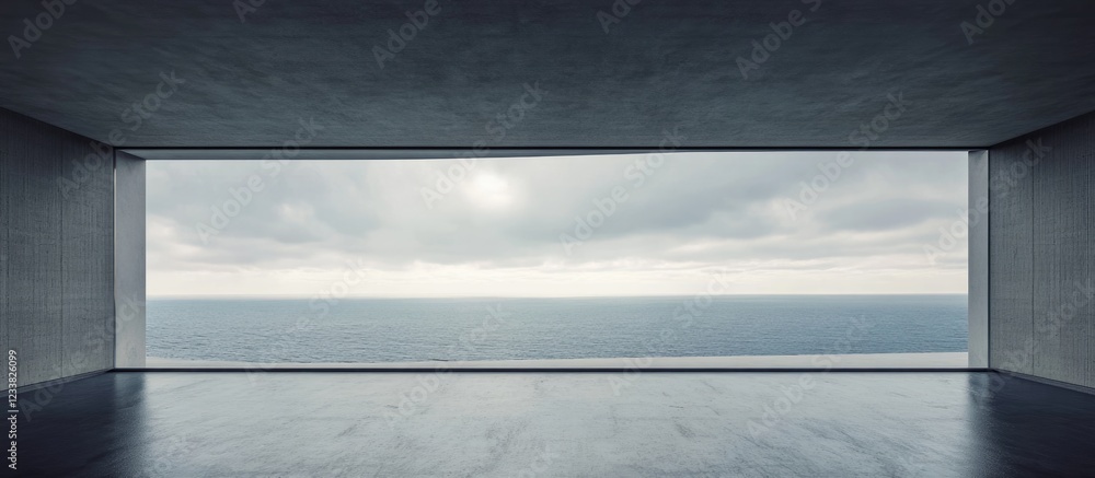 Poster modern living room with panoramic sea views featuring ample empty space for customizable text and mi