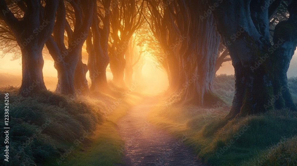 Poster misty tree-lined pathway with soft golden light illuminating foggy forest atmosphere and ample copy 