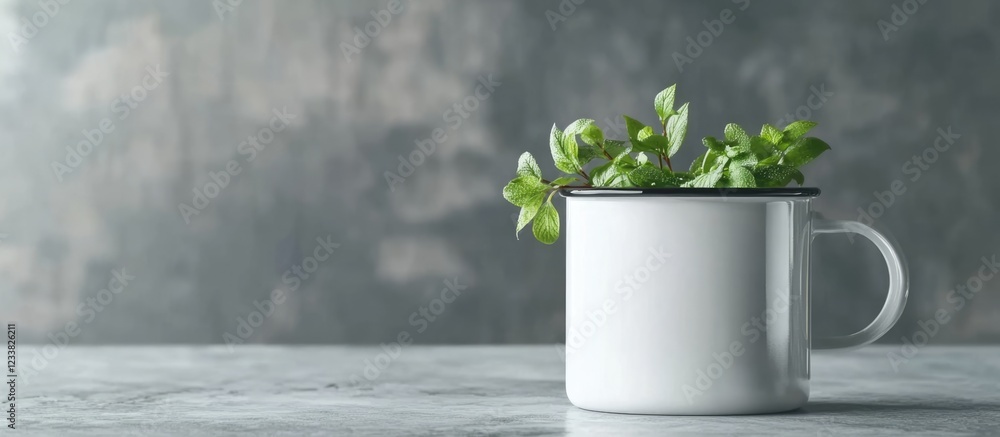 Poster white enamel mug with fresh green herbs on a textured gray background, featuring ample copy space fo
