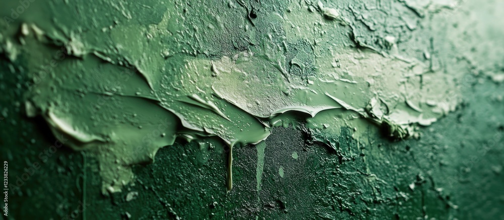 Poster textured green wall with peeling paint and drips, abstract background with copy space for design pur