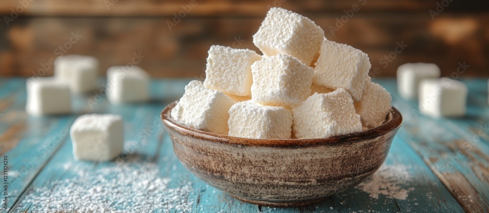Poster Sugar cubes in a rustic bowl on wooden table with powdered sugar and scattered cubes Copy Space