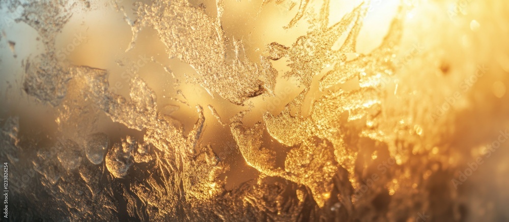 Poster Abstract close-up of frozen ice texture with warm light reflections and intricate patterns, suitable for backgrounds with Copy Space.