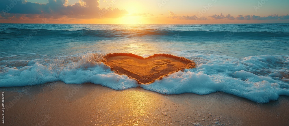 Poster heart-shaped sand formation on beach during sunset with gentle ocean waves and colorful sky in backg