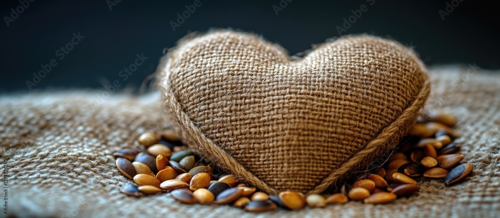 Poster Burlap heart shape on textured fabric with assorted seeds scattered around Copy Space