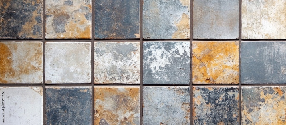 Aufkleber rustic weathered tile wall background with multicolored square tiles arranged in a grid pattern