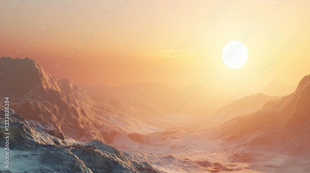 Poster serene sunrise illuminating rocky mountain landscape with ample empty space for text and creative us