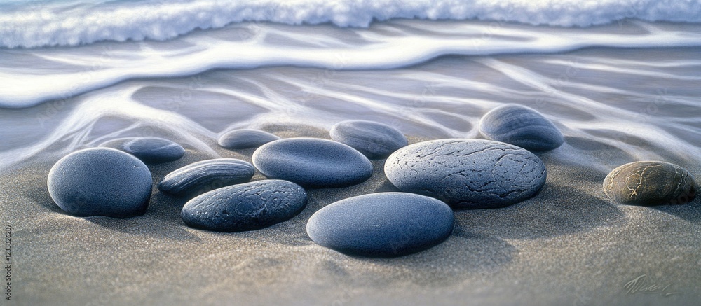 Poster smooth round pebbles on sandy beach with gentle ocean waves and foam in background copy space