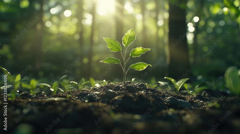 Poster sunlight filtering through trees highlighting a young plant in the forest with ample space for text 
