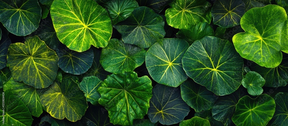 Poster Lush green botanical background with diverse leaf textures and colors featuring ample copy space for text insertion