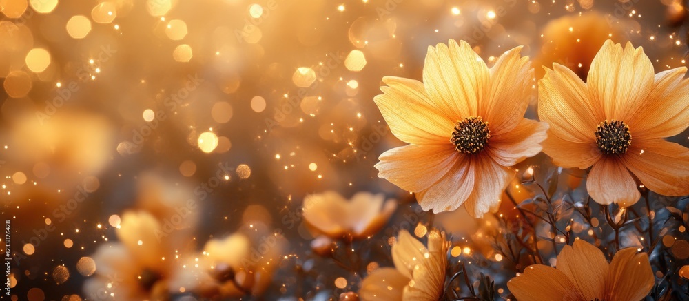 Poster yellow flowers with bokeh background and soft lighting copy space