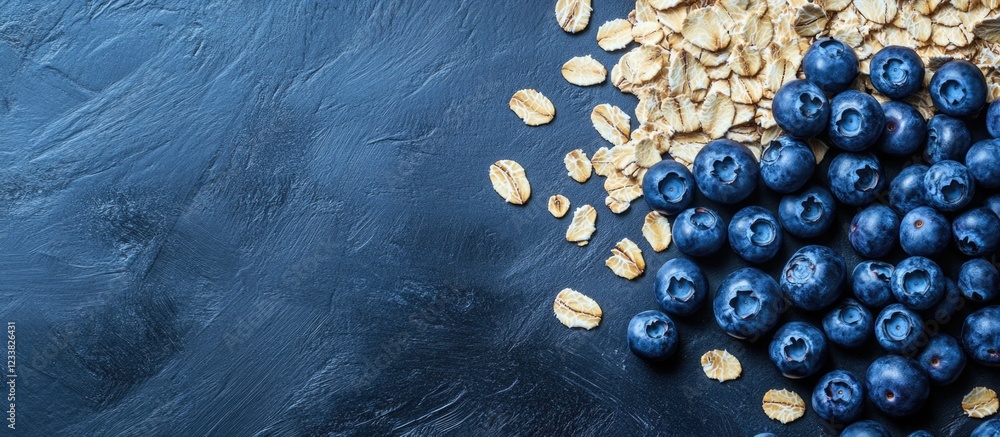 Poster blueberries and oats on a dark textured surface with copy space for text. healthy eating concept, na