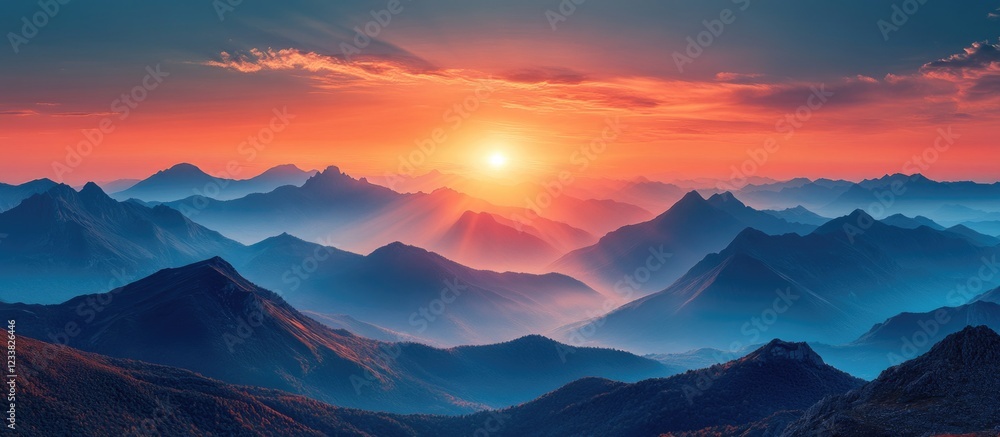 Poster mountain landscape during sunset with vibrant colors and misty valleys creating a tranquil atmospher