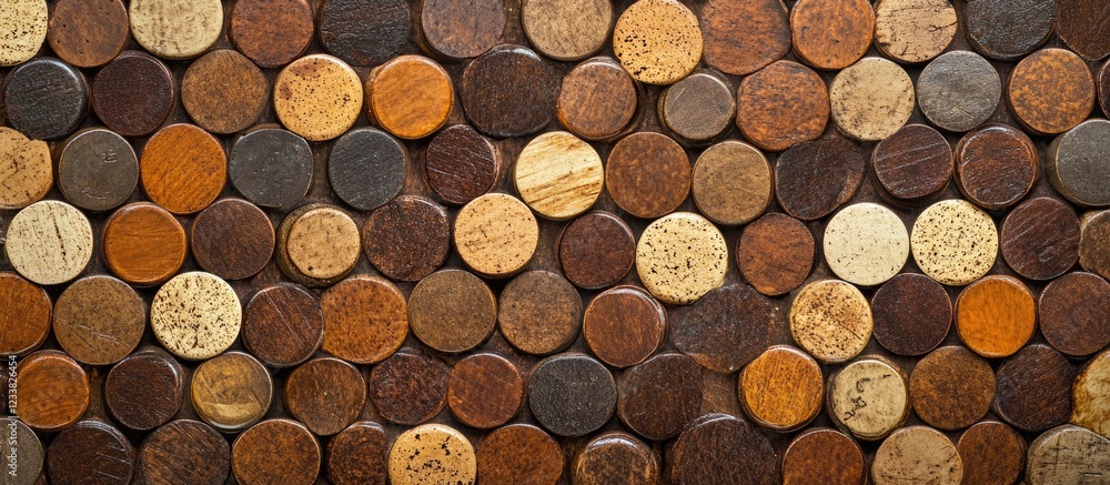 Poster wooden circular discs texture background with varied colors and sizes arranged in a seamless pattern