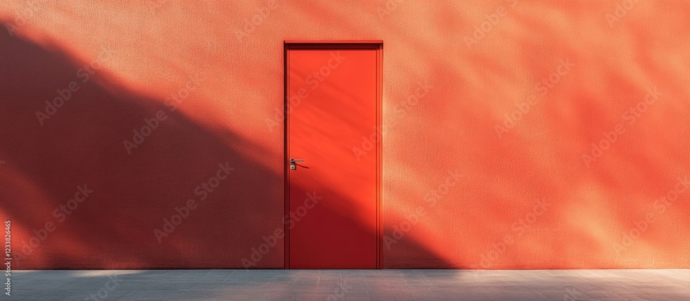Poster red door on a vibrant orange wall with smooth texture and soft shadows, minimal design with copy spa