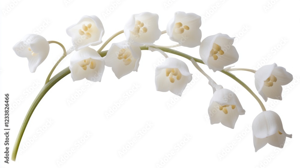 Poster delicate white lily of the valley flowers arranged on a curved stem with copy space for text