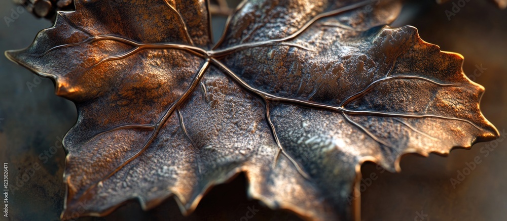 Poster detailed close-up of a metallic leaf sculpture with intricate texture and shading against a blurred 