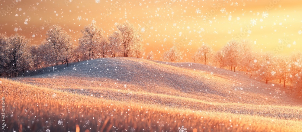 Poster winter landscape with snow-covered hills and trees at sunset featuring a warm color palette and soft