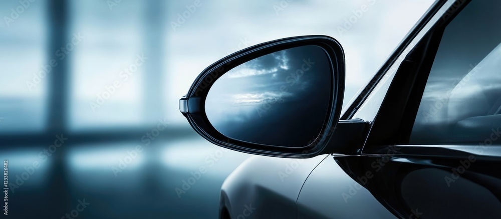 Poster reflection in a car side mirror showcasing a scenic view with ample negative space for text placemen
