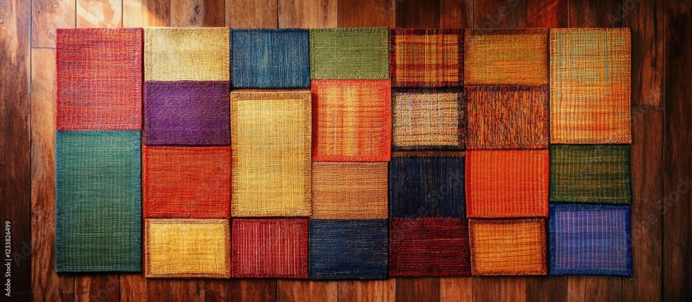 Poster Colorful textile patchwork arranged on wooden surface with various patterns and textures, suitable for background use, Copy Space available.