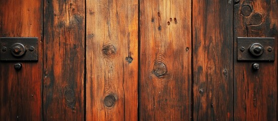 Rustic Wooden Door with Iron Handles and Textured Wood Grain