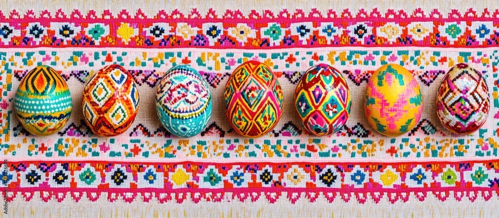 Poster colorful decorative easter eggs arranged on vibrant patterned fabric with copy space for text insert