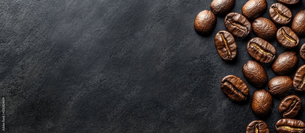 Poster Coffee beans on a dark stone background with copy space for text. High-resolution close-up of roasted coffee beans.
