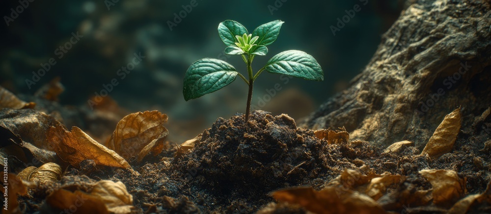 Poster New image title: Green plant sprouting from soil surrounded by fallen leaves in a forest setting Copy Space