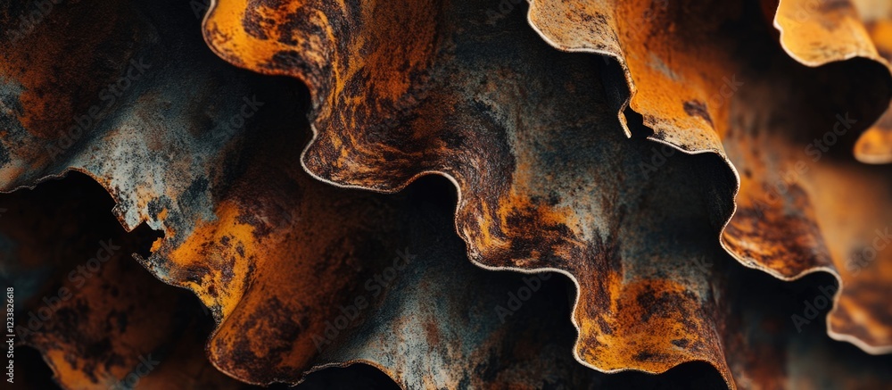 Poster close-up view of textured rusty metal layers with rich orange and black hues suitable for abstract d
