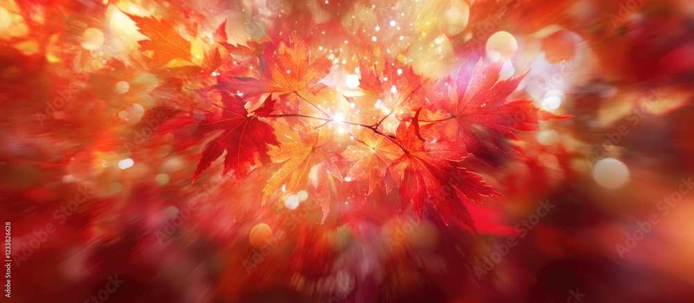Poster Autumn leaves in vibrant red and orange hues with soft bokeh effect and Copy Space for text placement