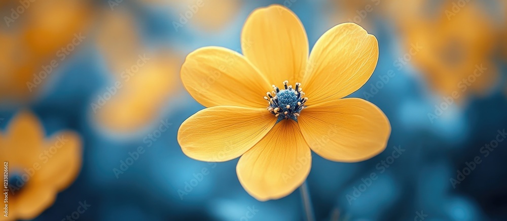 Poster yellow flower in a blurred blue background with copy space for text