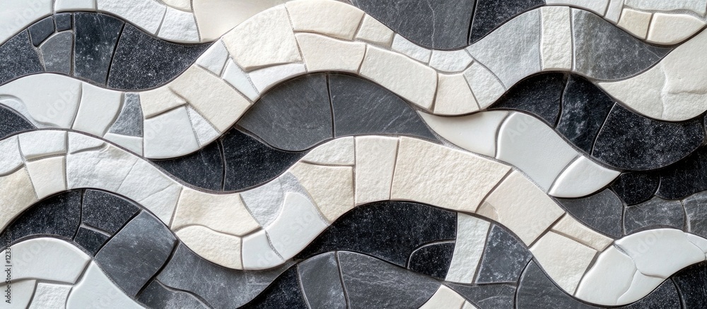 Poster wavy pattern of decorative ceramic tiles in black and white tones with smooth curves and texture cop