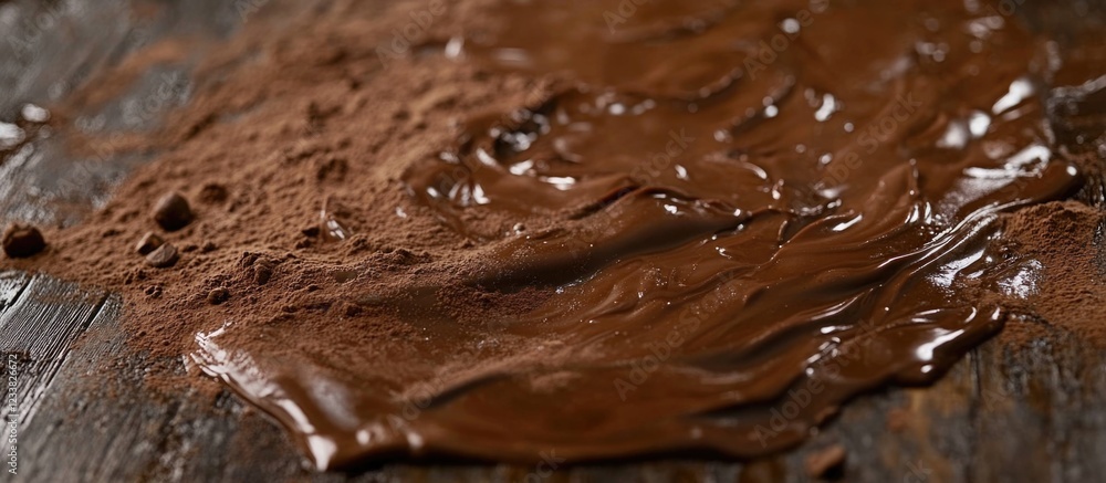 Aufkleber Melting chocolate and cocoa powder spilled on a rustic wooden surface with Copy Space for text