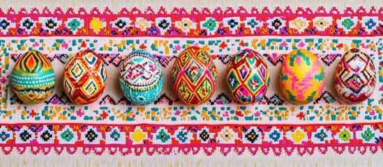 Colorful decorative Easter eggs arranged on vibrant patterned fabric with Copy Space for text insertion