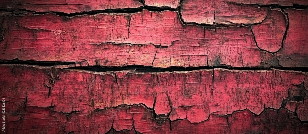 Poster textured surface of weathered red paint on wood with visible cracks and peeling, copy space availabl