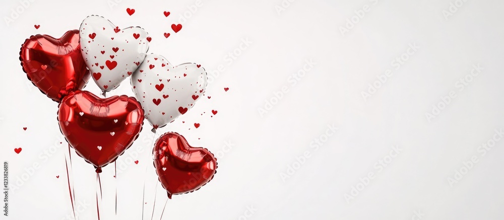 Poster colorful heart-shaped balloons in red and white with small hearts on a white background featuring am