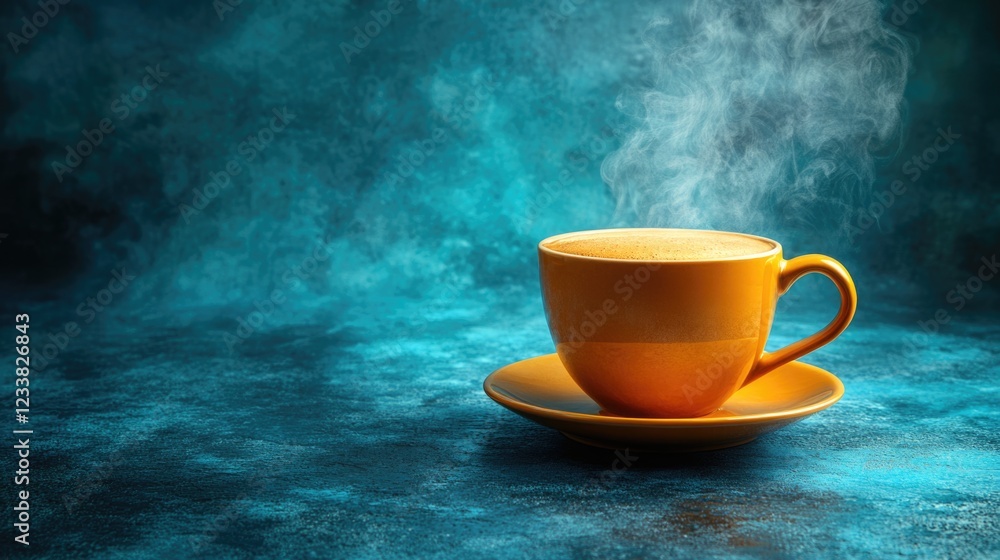 Poster steam rising from a vibrant yellow coffee cup on a dark textured background with ample empty space f